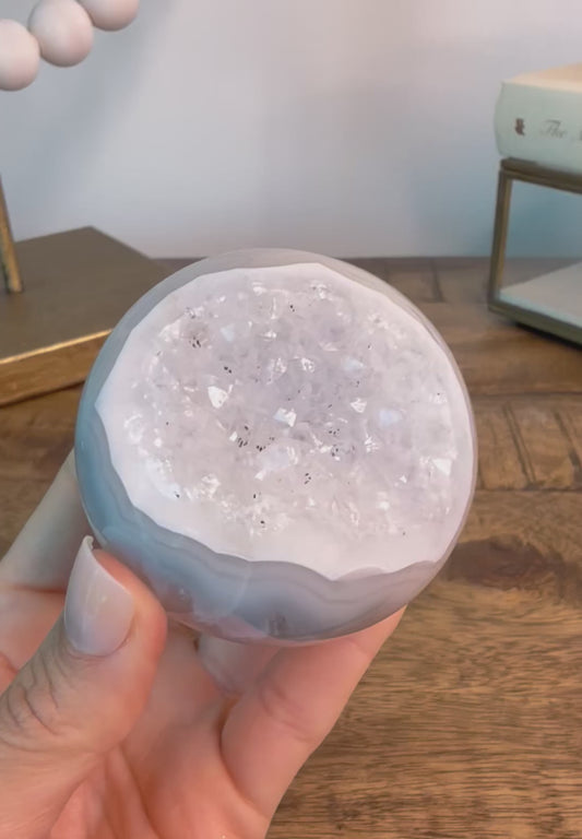 Pastel Blue and Gray Druzy Agate Sphere on Clear Base