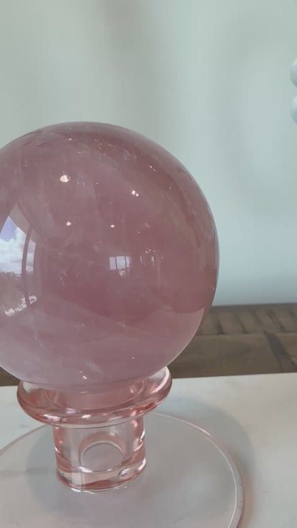 Star Rose Quartz Sphere on Vintage Glass Base