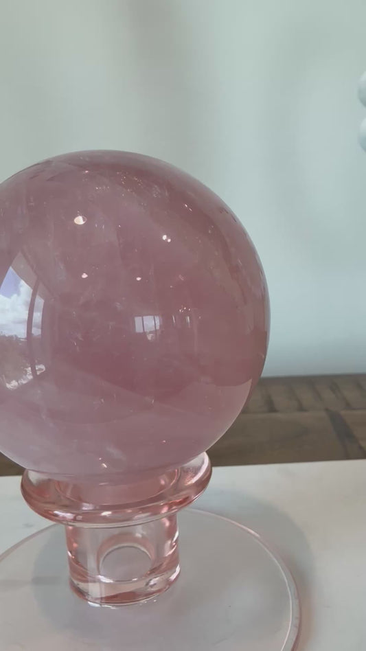 Star Rose Quartz Sphere on Vintage Glass Base