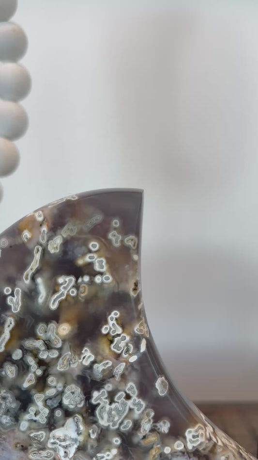 Pink Amethyst and Moss Agate Moon Sculpture